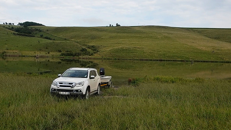 Launching a boat at Fountain Hall Guest Farm on Mearns Dam