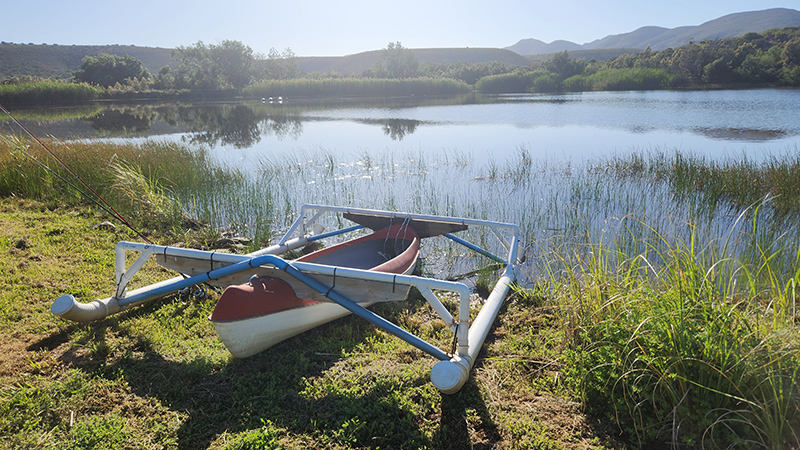 The stabilized canoe used for fishing the dam at The Great Escape
