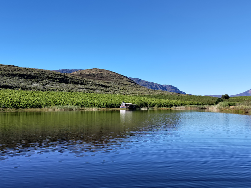 The Damhuis cabin on stilts, seen from across the dam at Plaas Wegbreek, Barrydale