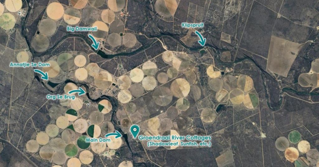 Map of the Groendraai River Cottages property showing the dams and cottages