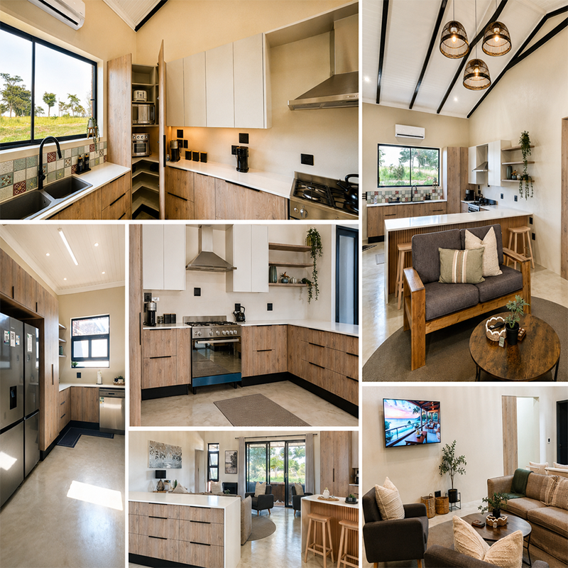 Shadowleaf kitchen and lounge at Groendraai River Cottages
