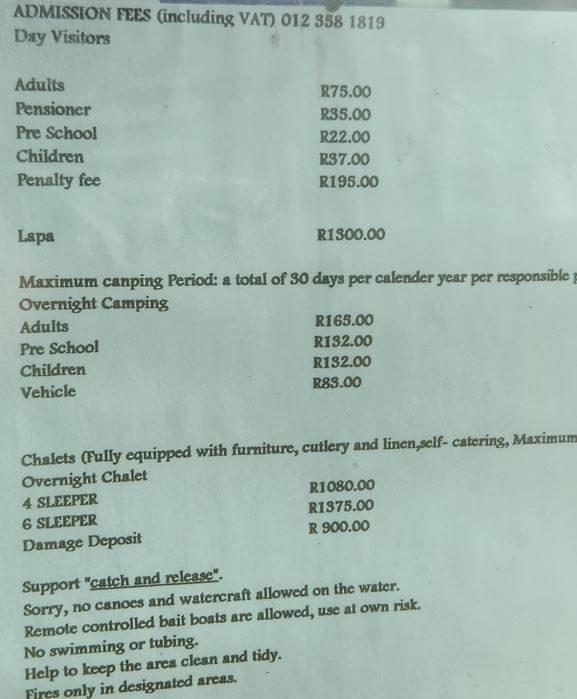 Rietvlei Dam 2025 entry and accommodation prices